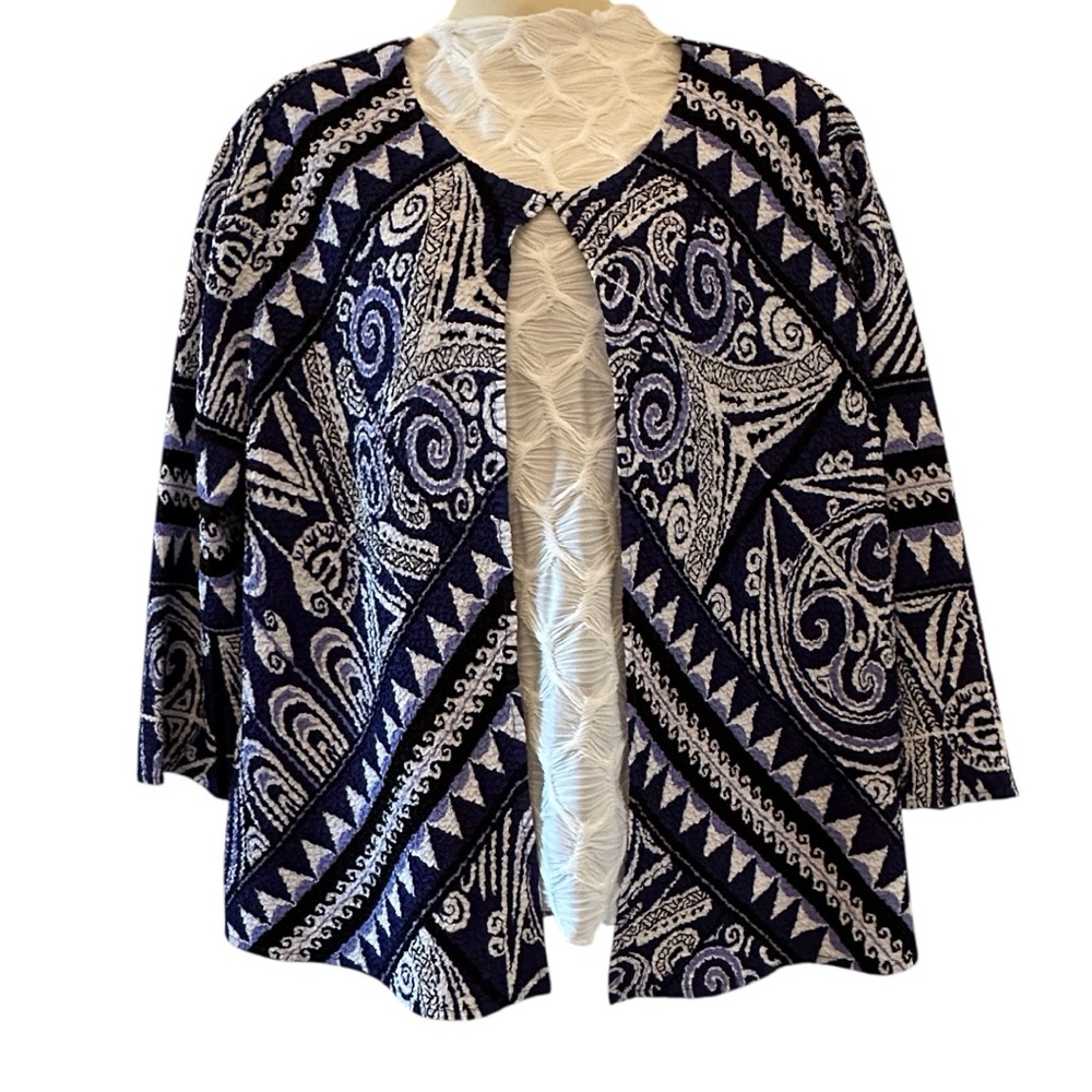 Chico's Traveler Jacket Blue and Black open front Mid-length size 1